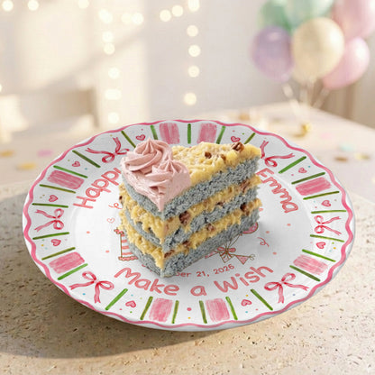 Pink Floral Girl Cake Balloon Make Wish Personalized Birthday Plate P810UCS0