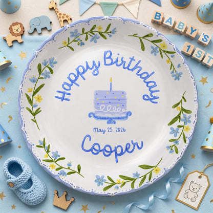 Blue Floral Cake Personalized Birthday Plate P5149BT0