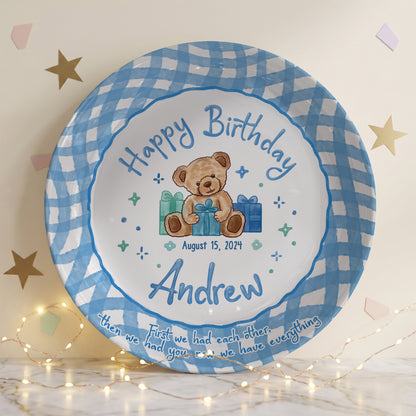 Blue Teddy Bear Birthday Keepsake Personalized Birthday Plate for Baby Boy P625FJ00