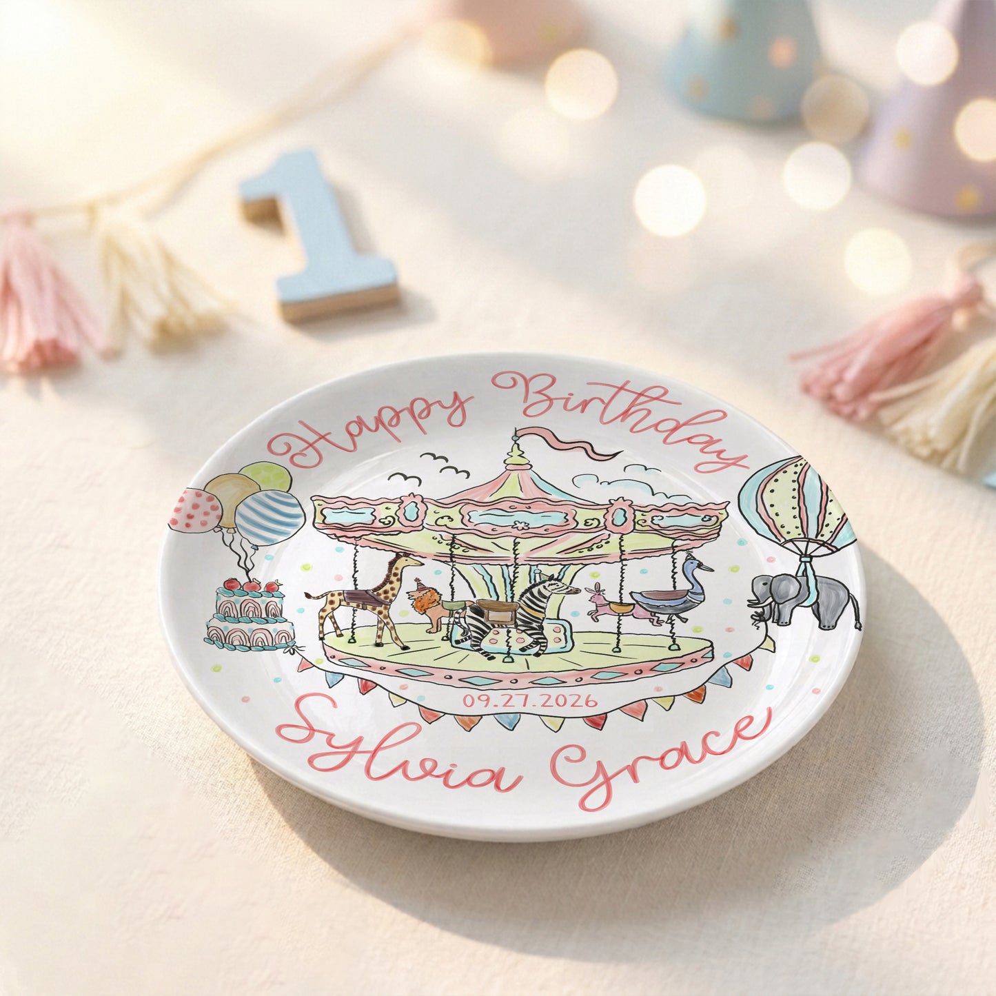 Carousel Animal Personalized Birthday Plate for Kids Custom Ceramic Keepsake P810QSG0