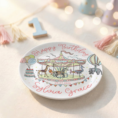 Carousel Animal Personalized Birthday Plate for Kids Custom Ceramic Keepsake P810QSG0