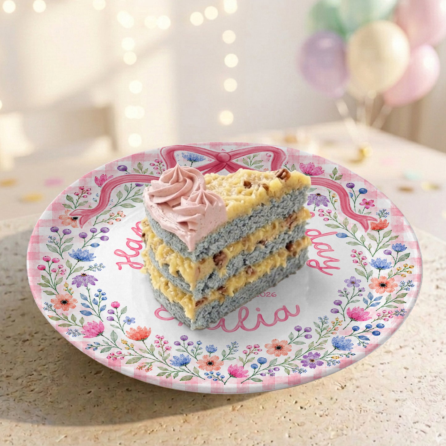 Whimsical Garden Floral Ribbon Keepsake Personalized Birthday Plate for Girls P87NWF0