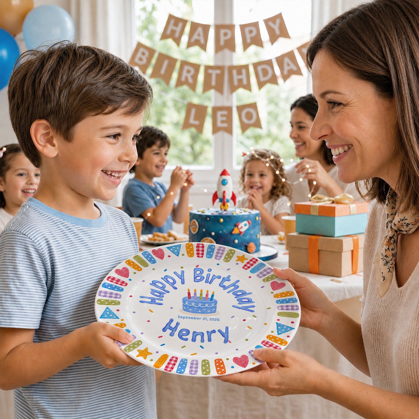 Blue Cake and Colorful Confetti Personalized Birthday Plate P6174GK0