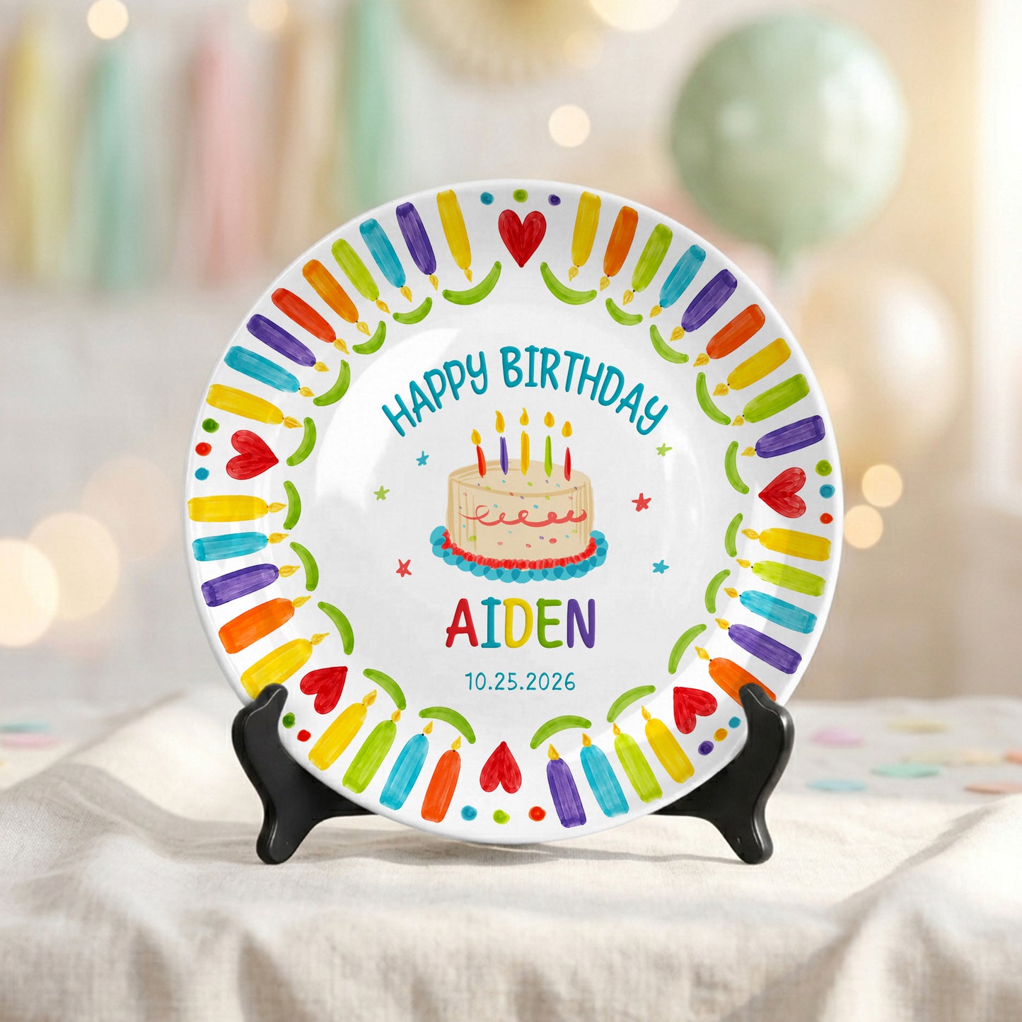 Colorful Candle Kids Birthday Keepsake Custom Name Date Personalized Birthday Plate P8140WR0