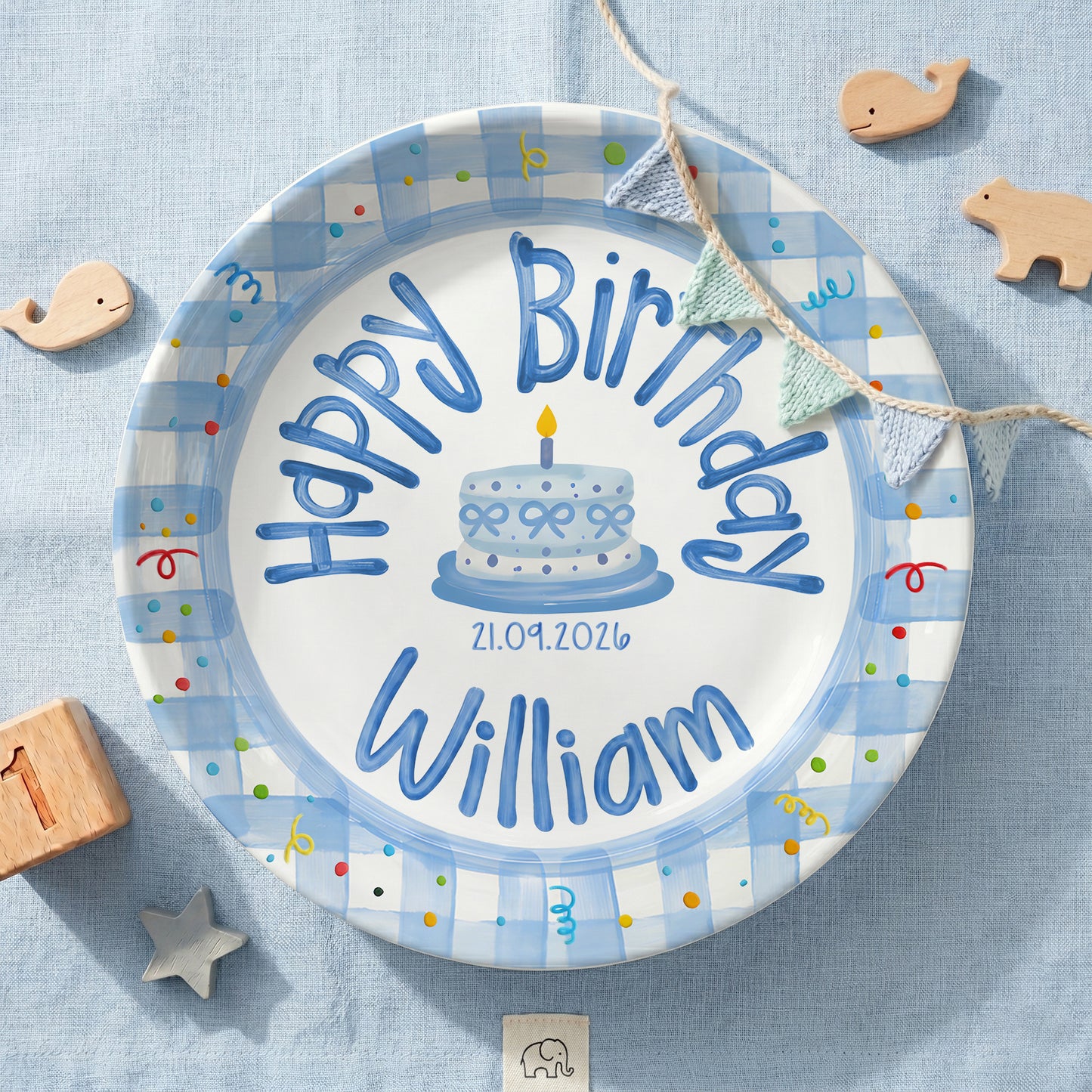 Blue Gingham Personalized Birthday Plate P64YCX0