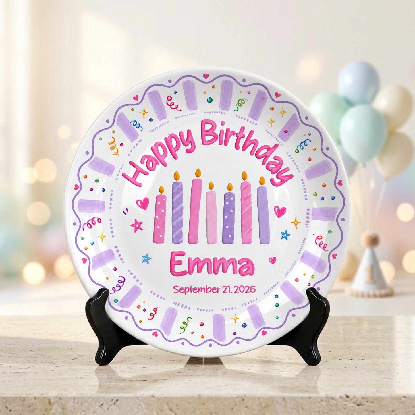 Colorful Candle Personalized Birthday Plate for Kids Custom Ceramic Keepsake Gift P86ZYS0