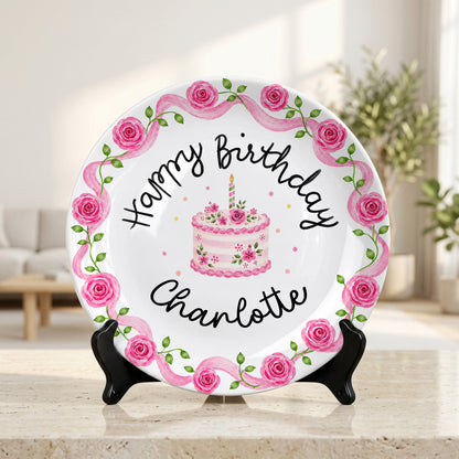 Pink Rose Cake Personalized Birthday Plate P729XQR0