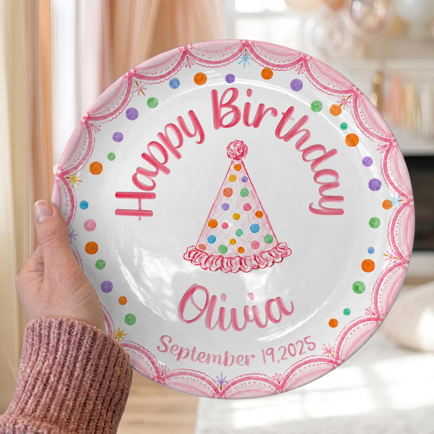 Pink Scallop Border with Colorful Polka Dot & Party Hat Personalized Birthday Plate P5653B0