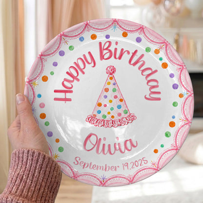 Pink Scallop Border with Colorful Polka Dot & Party Hat Personalized Birthday Plate P5653B0