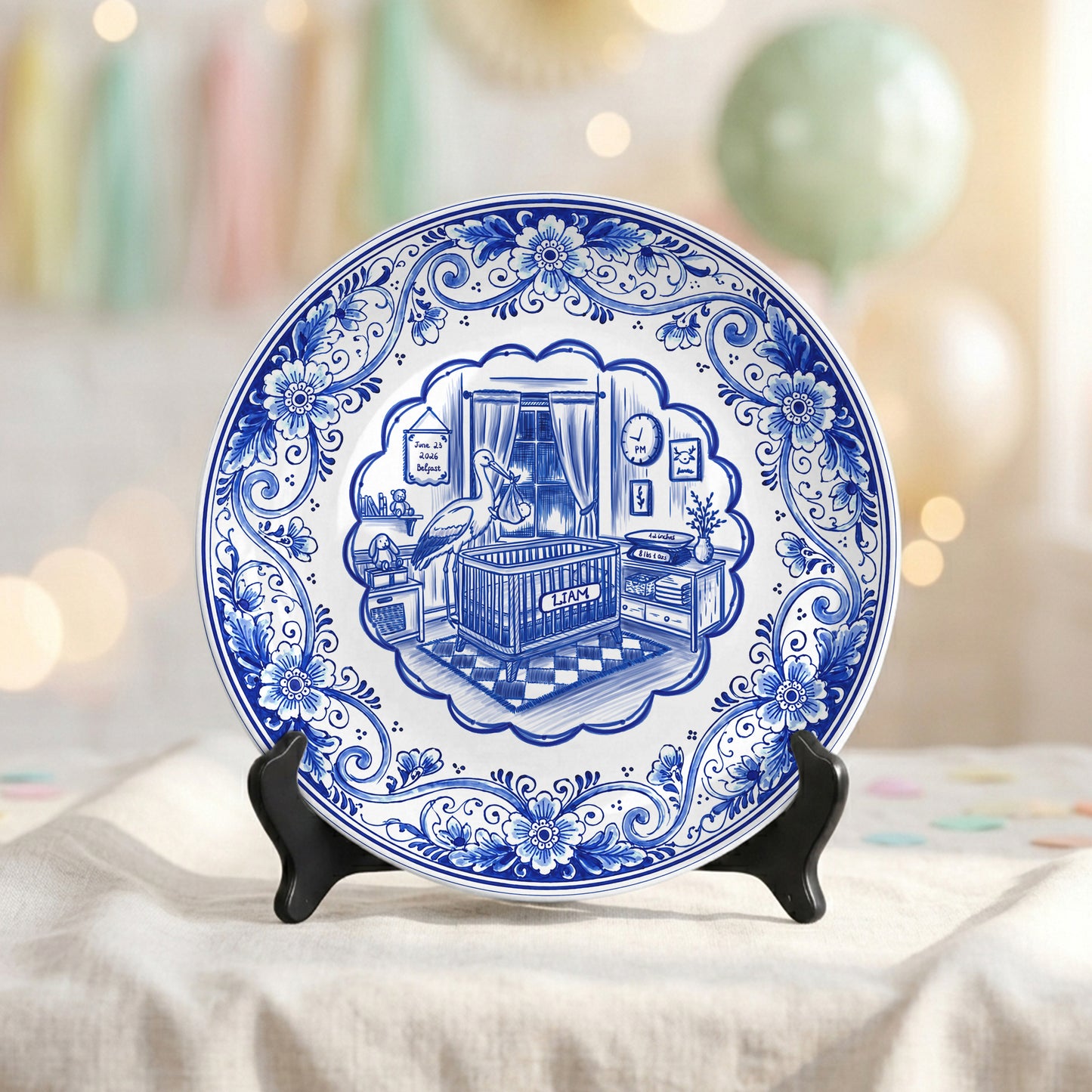 Delft Blue Newborn Birth Stats Custom Ceramic Keepsake Personalized Birthday Plate P820H8A0