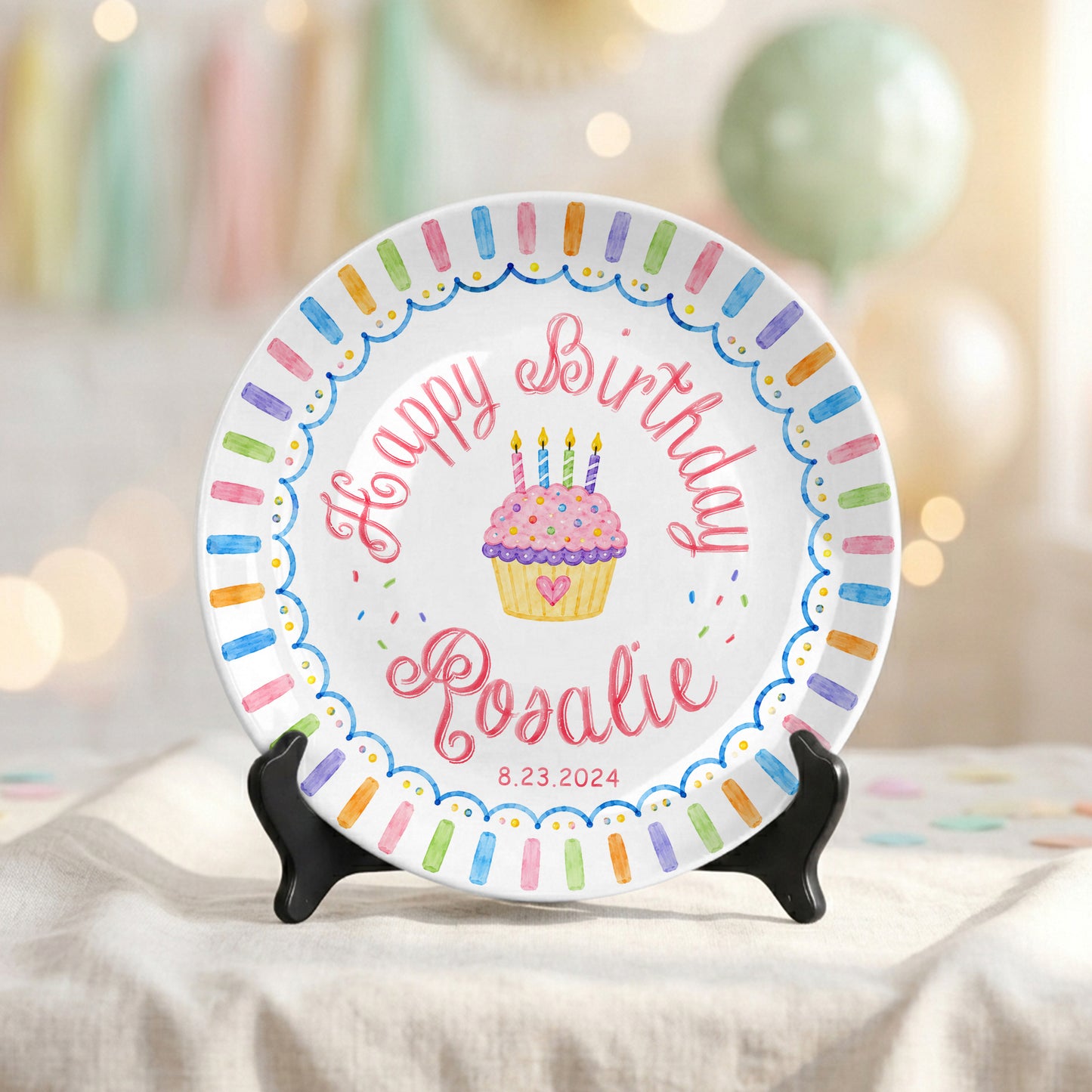 Colorful Cupcake Personalized Birthday Plate for Kids First Birthday Gift P814R8W0