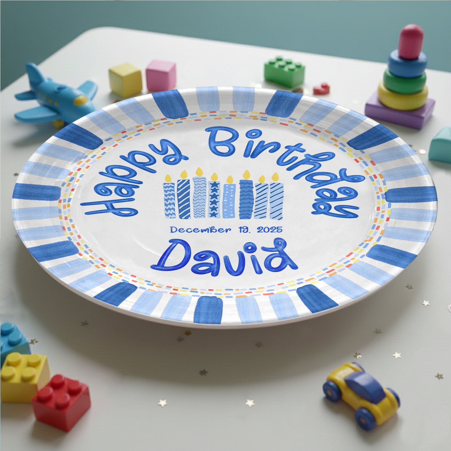 Patterned Blue Candles Personalized Birthday Plate P29SGG0
