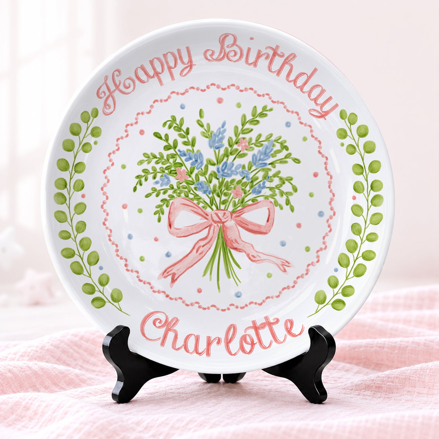 Soft Floral Bouquet Personalized Birthday Plate for Girls P61TIZ0
