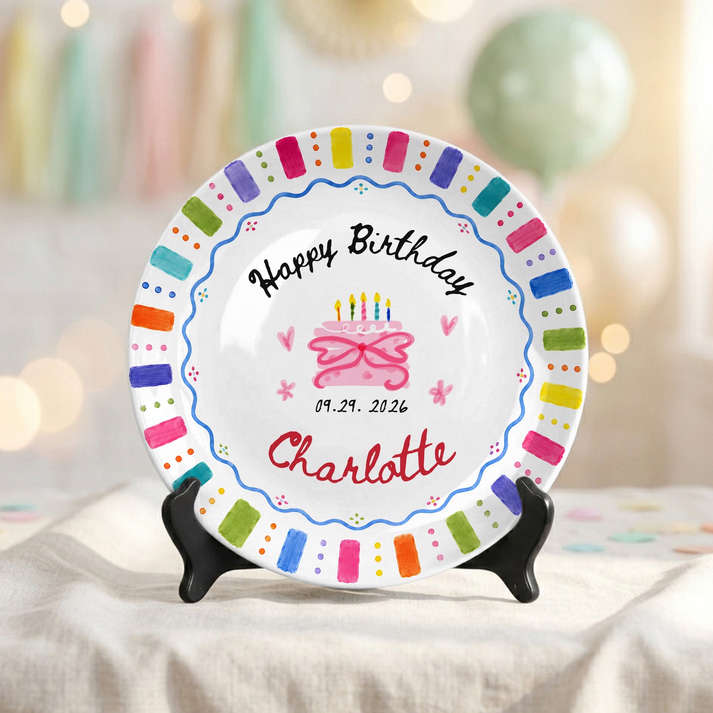 Rainbow Candles Birthday Cake Custom Name Gift Personalized Birthday Plate P814DRZ0