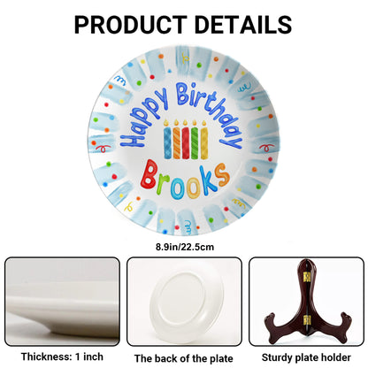 Colorful Candles with Blue Confetti Border Personalized Birthday Plate P23GWI0