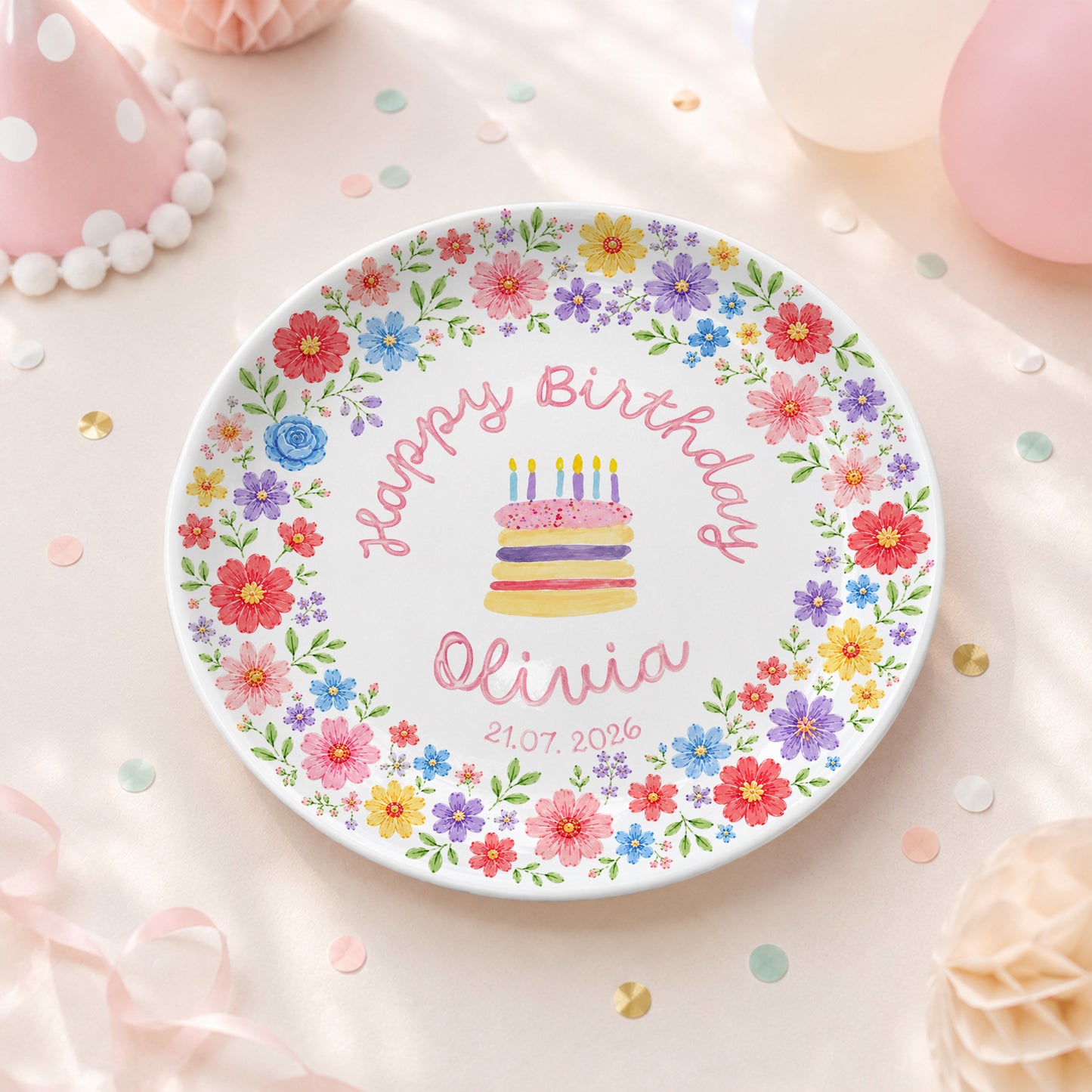 Colorful Floral Cake Personalized Birthday Plate D610EAF0