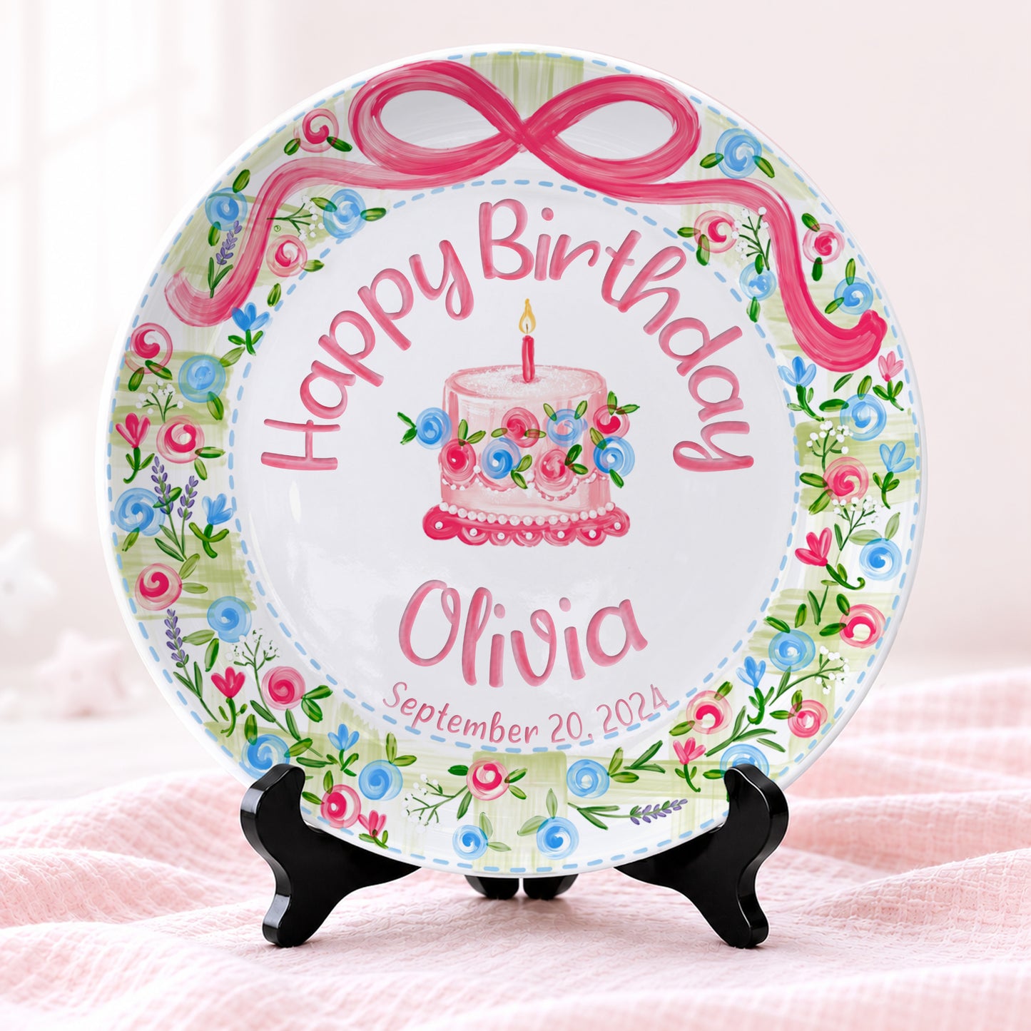 Pink Bow Floral Cake Personalized Birthday Plate P64HKN0