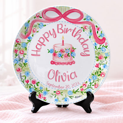 Pink Bow Floral Cake Personalized Birthday Plate P64HKN0