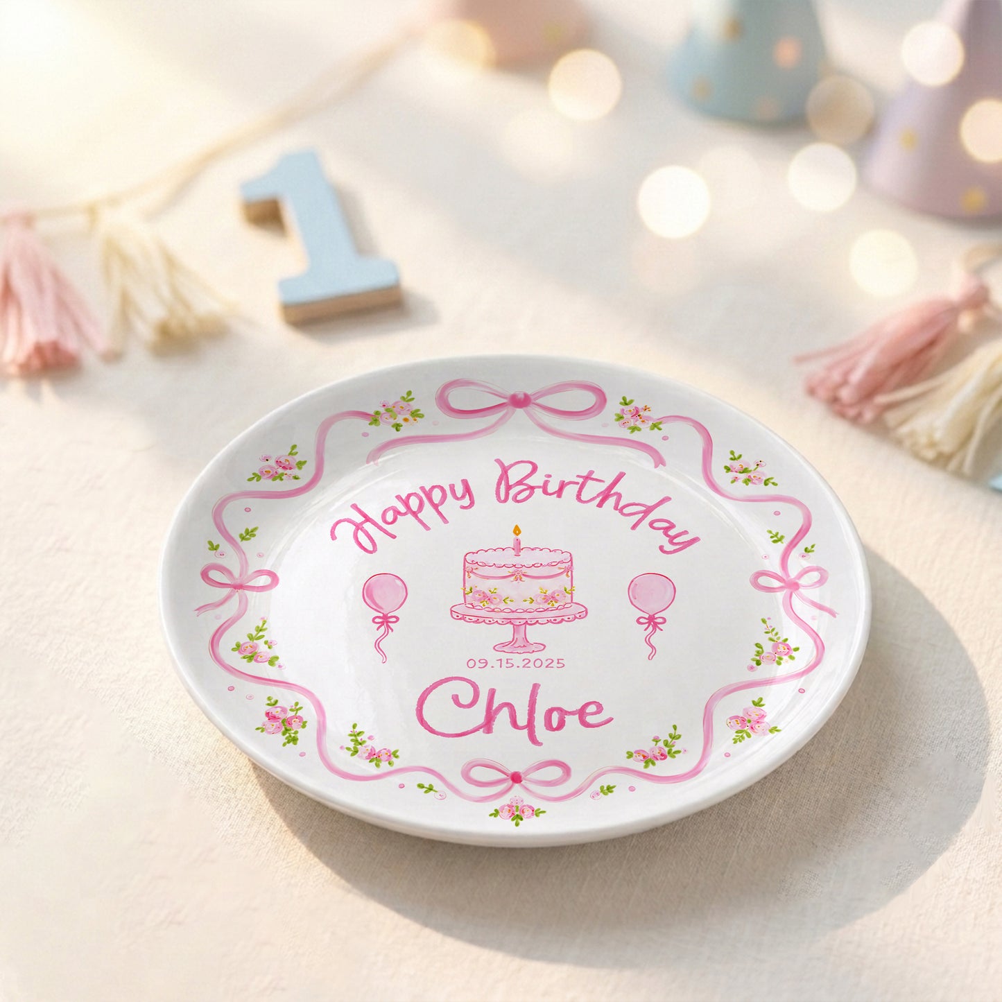 Pink Floral Bow Birthday Cake Custom Name Keepsake Personalized Birthday Plate Gift P813NCL0