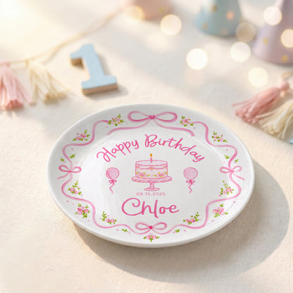 Pink Floral Bow Birthday Cake Custom Name Keepsake Personalized Birthday Plate Gift P813NCL0