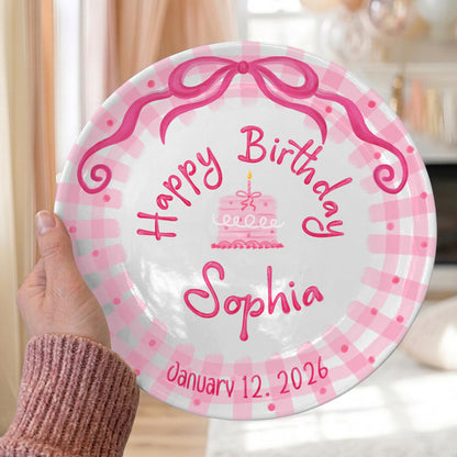 Pink Bow and Pink Gingham Birthday Cake Personalized Birthday Plate P5220BP0