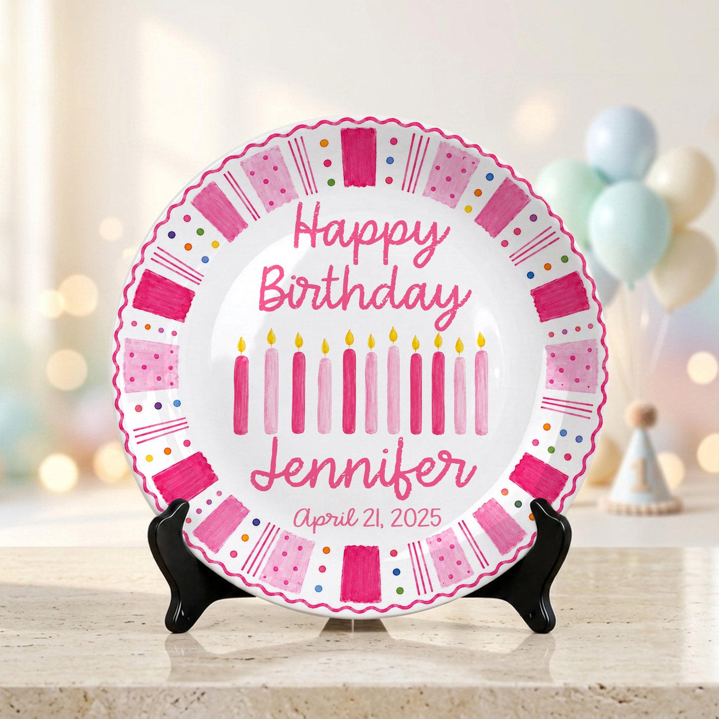 Pink Birthday Candles Personalized Birthday Plate for Kids Ceramic Keepsake Gift P86W4N0