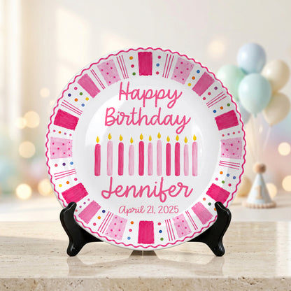 Pink Birthday Candles Personalized Birthday Plate for Kids Ceramic Keepsake Gift P86W4N0