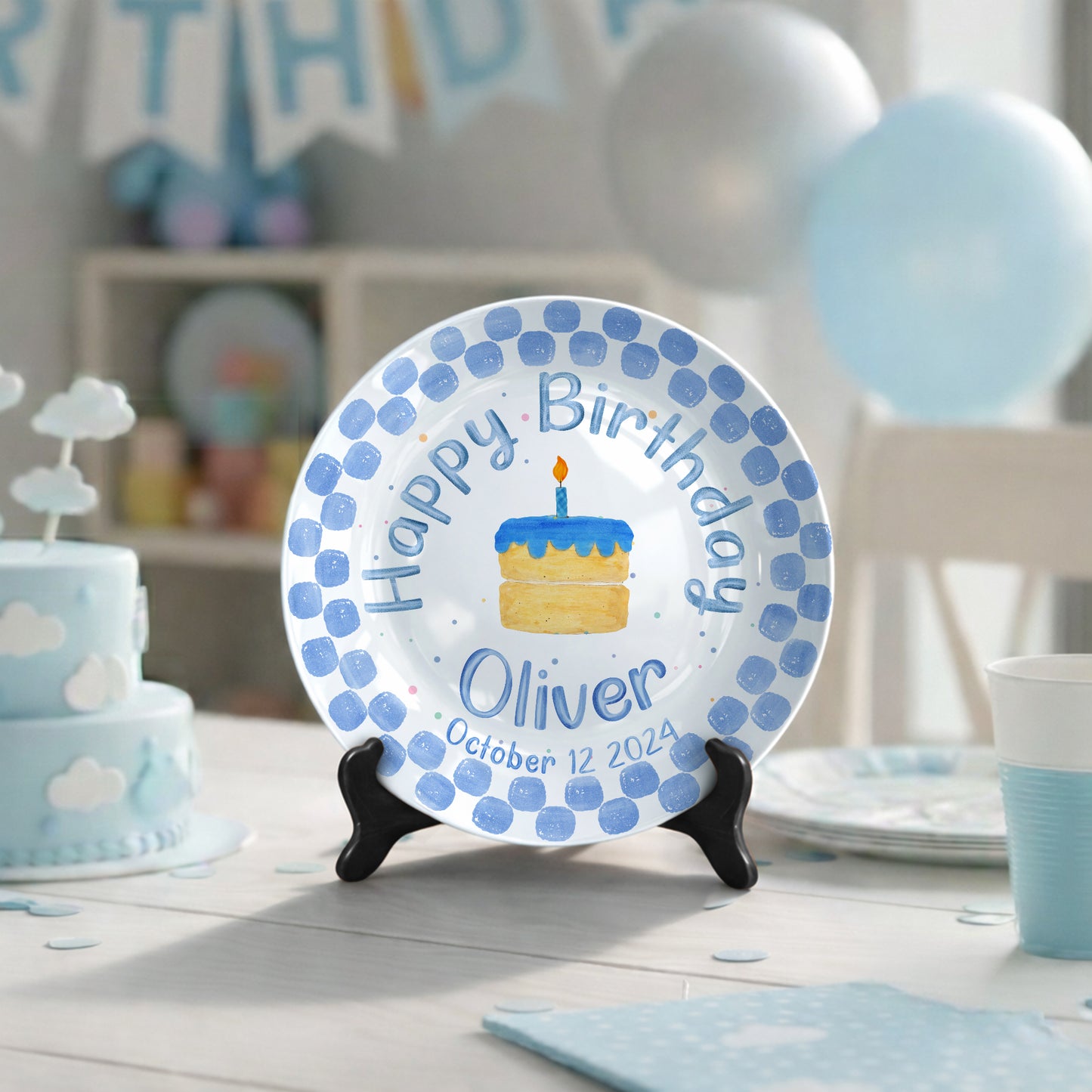 Blue Dot Cake Personalized Birthday Plate P31751E0