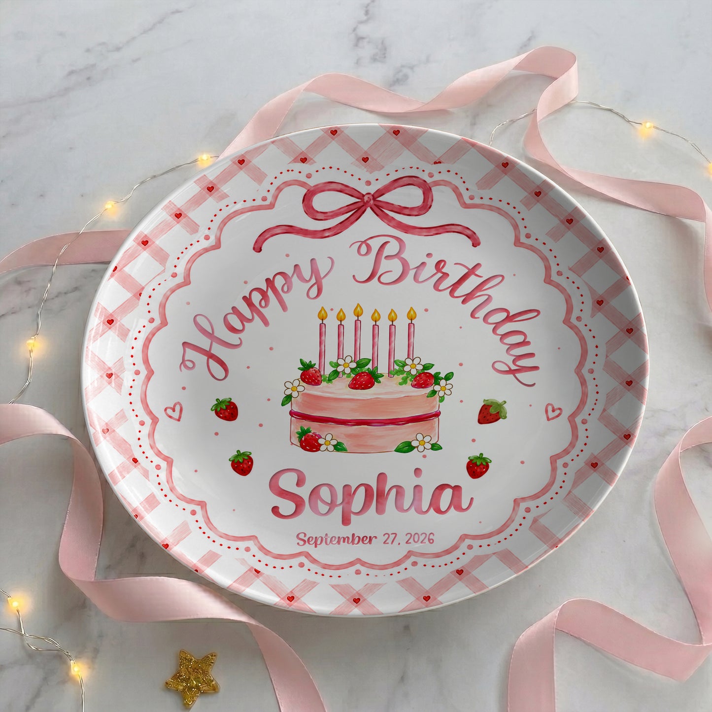 Strawberry Cake Personalized Birthday Plate for Girls, Custom Birthday Keepsake Gift P722H0R0