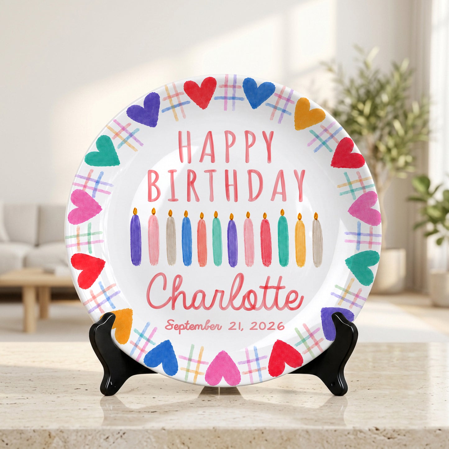 Rainbow Hearts Birthday Keepsake Personalized Birthday Plate P716T2N0