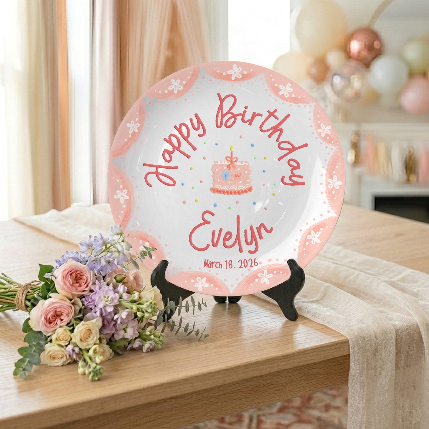 Pink Scallop Daisy Personalized Birthday Plate P428LES0