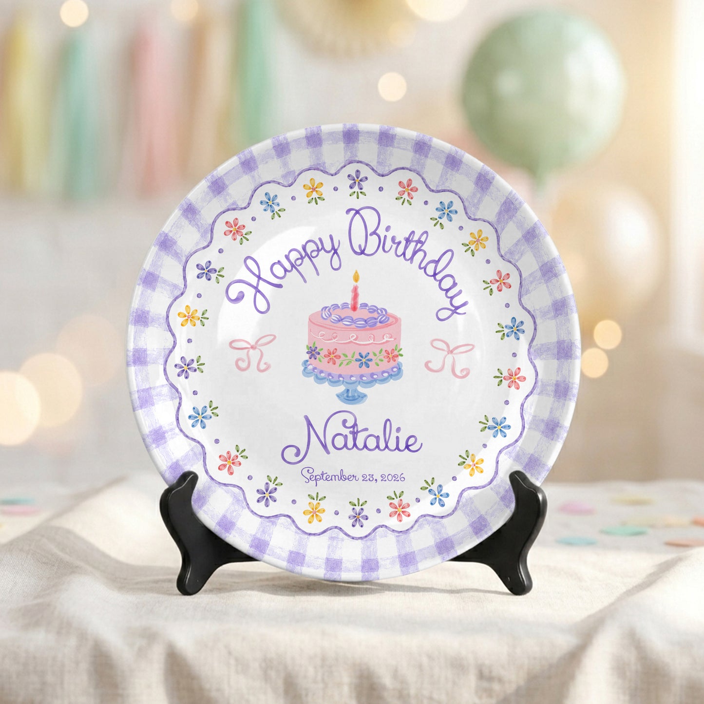 Purple Gingham Floral Birthday Cake Custom Name Keepsake Personalized Birthday Plate Gift P818DTR0