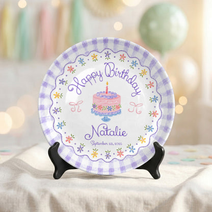 Purple Gingham Floral Birthday Cake Custom Name Keepsake Personalized Birthday Plate Gift P818DTR0