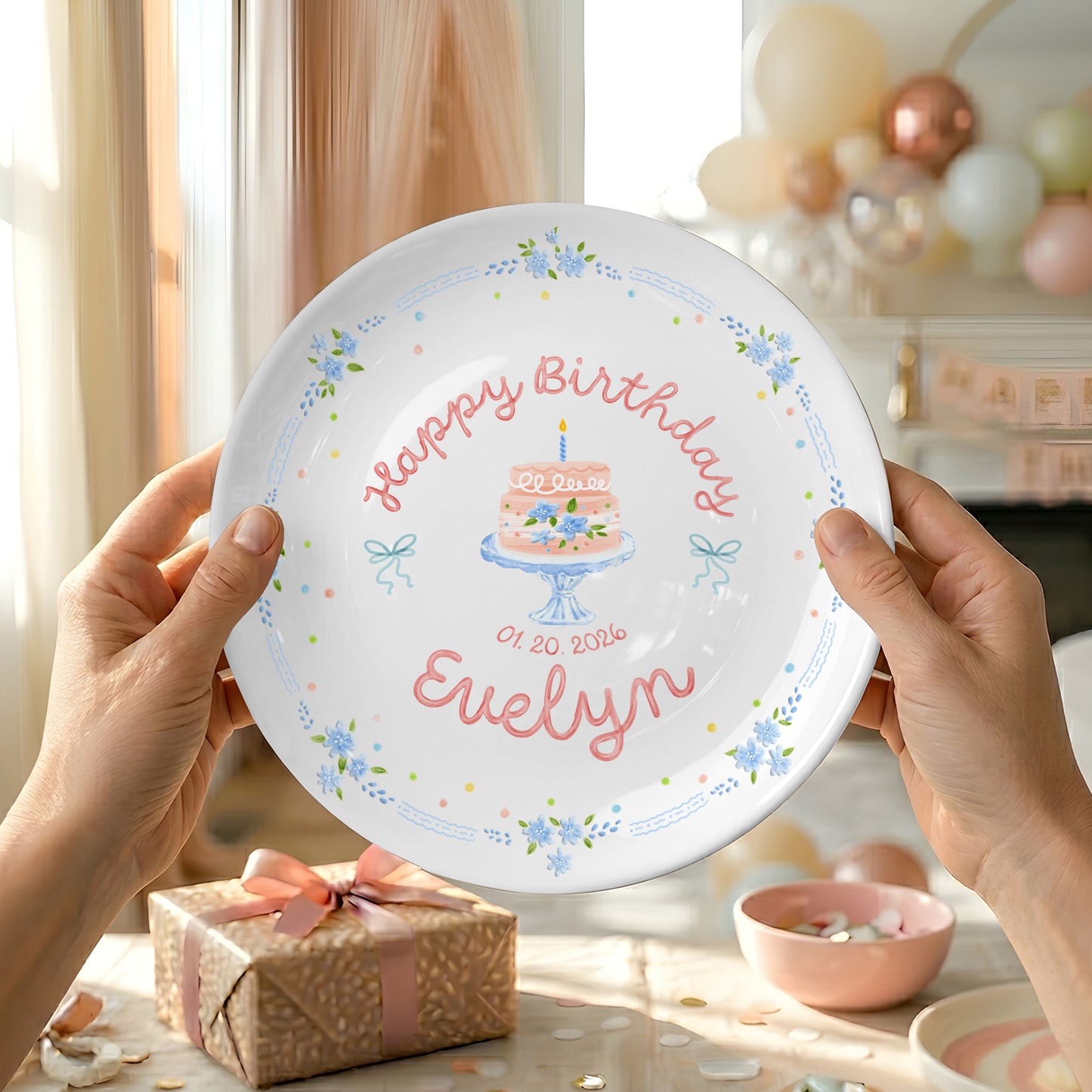 Blue Floral Border with Cake Stand Birthday Cake Personalized Birthday Plate P41CO80