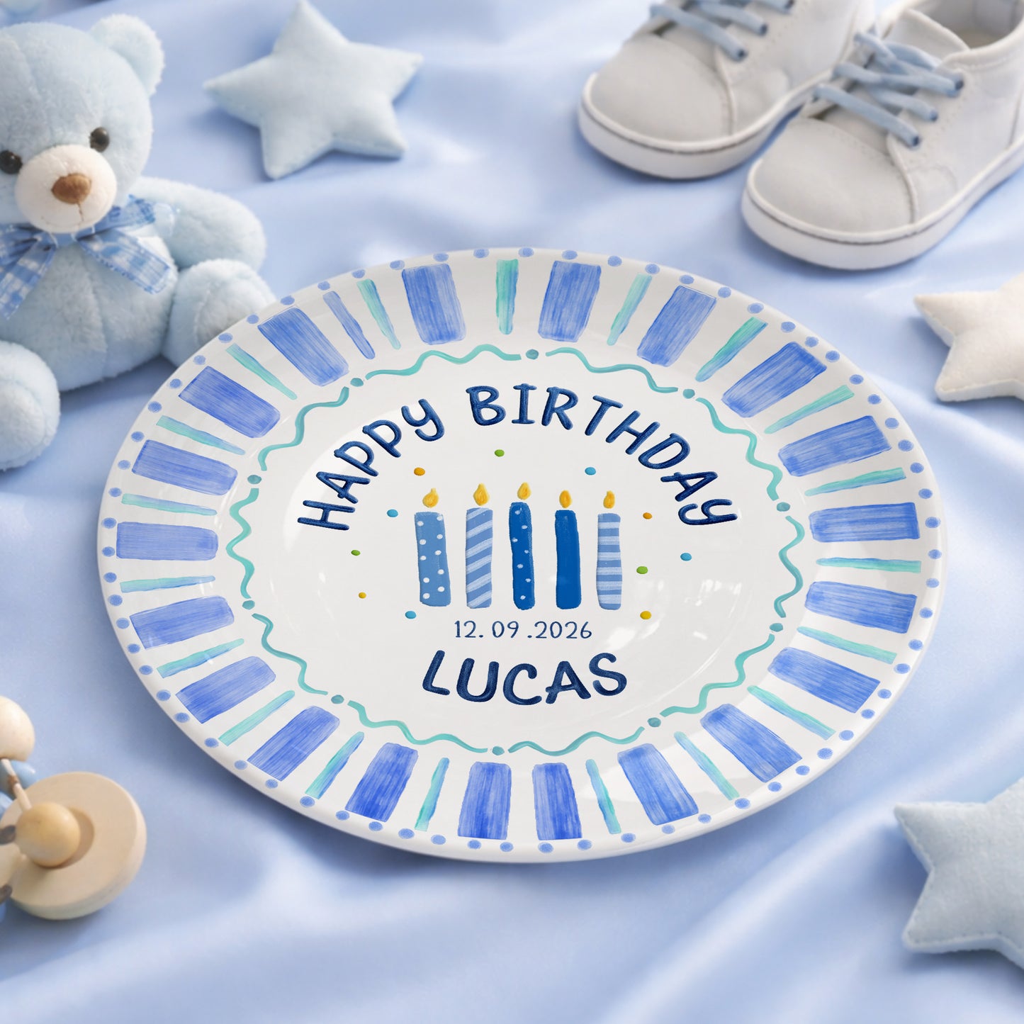 Blue Striped Candles Personalized Birthday Plate P46KBS0