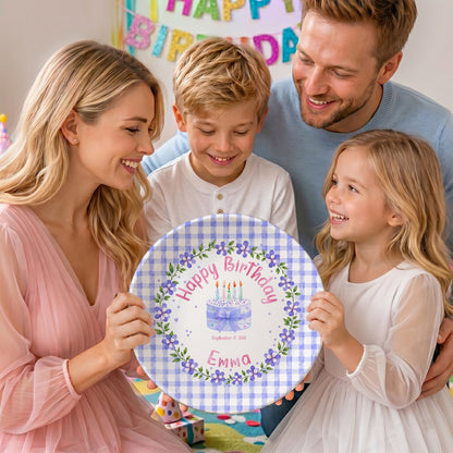 Purple Gingham Border with Floral Wreath Personalized Birthday Plate P624NIV0