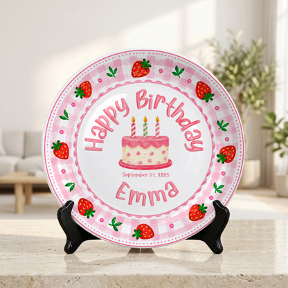 Strawberry Cake Personalized Birthday Plate for Girls, First Birthday Keepsake Gift P730H150