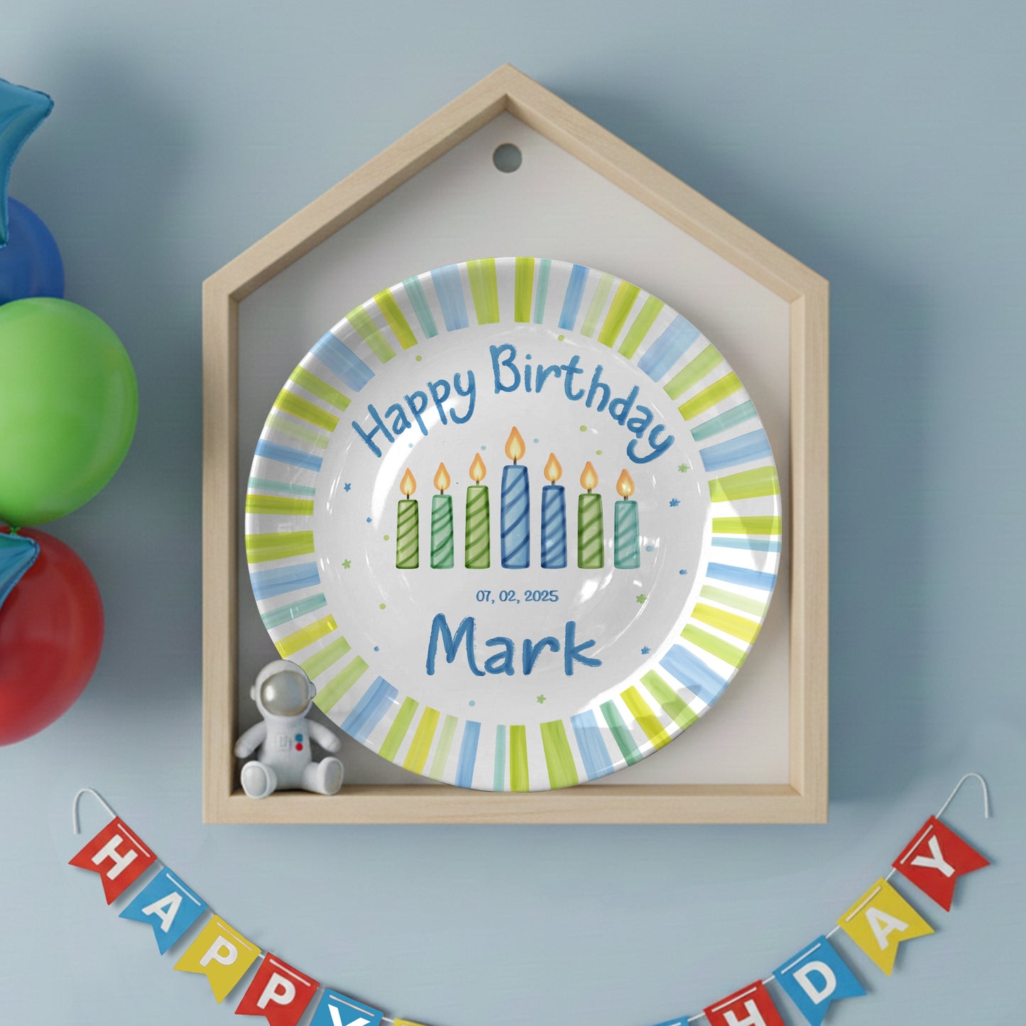 Blue Green Stripe Candle Personalized Birthday Plate for Kids D321PXW0