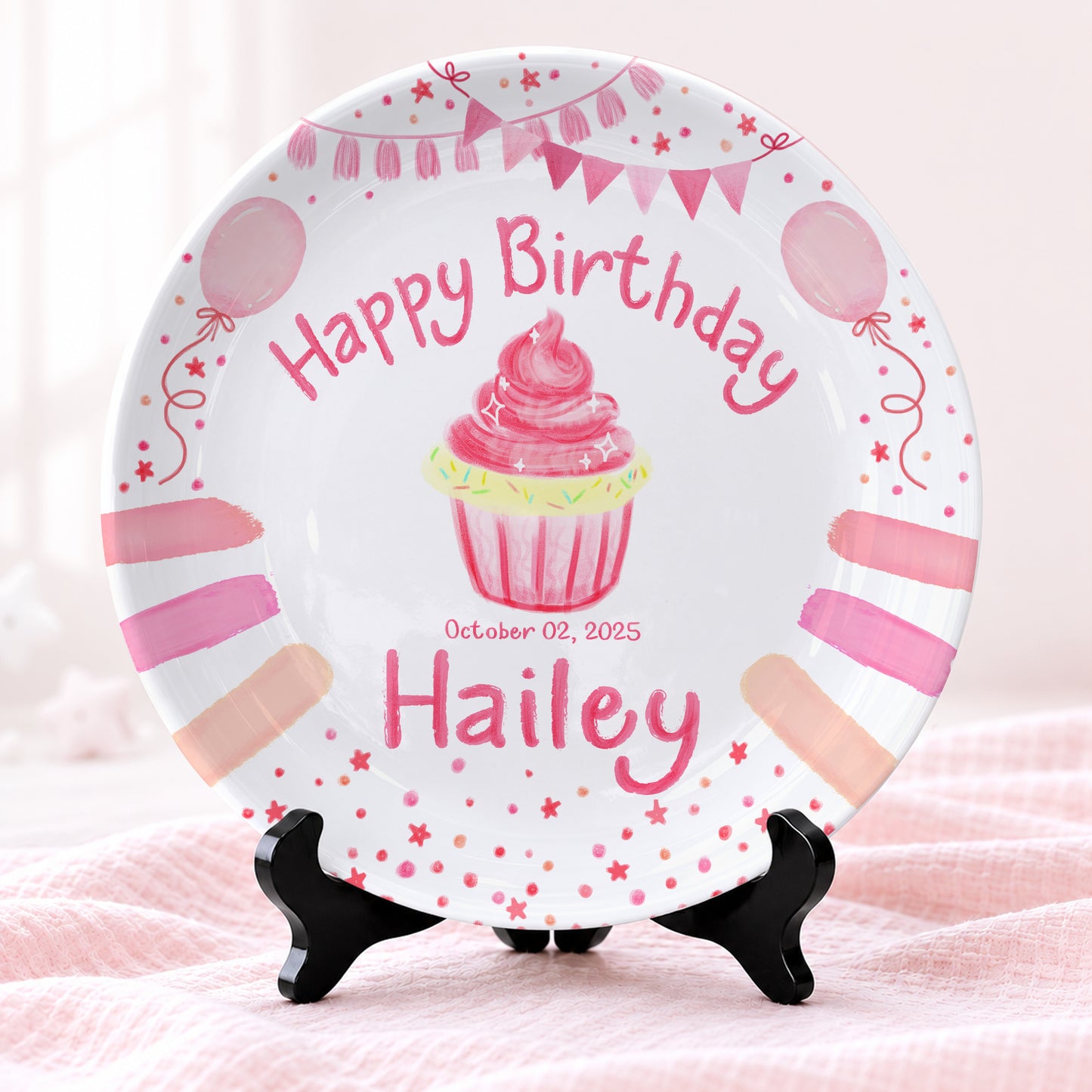 Pink Cupcake Balloon Personalized Birthday Plate P68OVE0a2