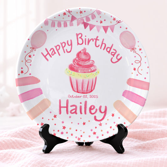Pink Cupcake Balloon Personalized Birthday Plate P68OVE0a2
