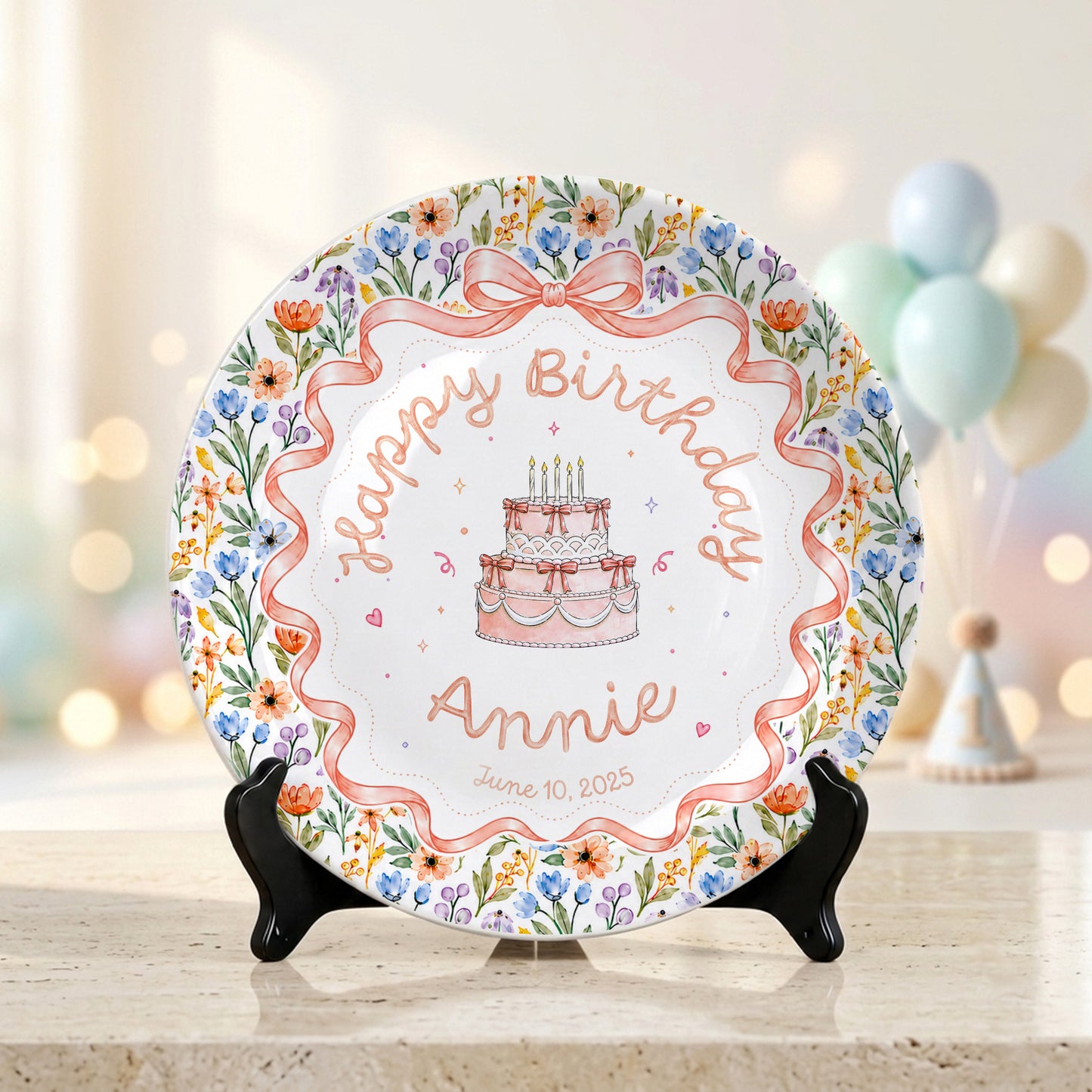 Floral Bow Birthday Cake Personalized Birthday Plate for Kids Keepsake P86TSJ0