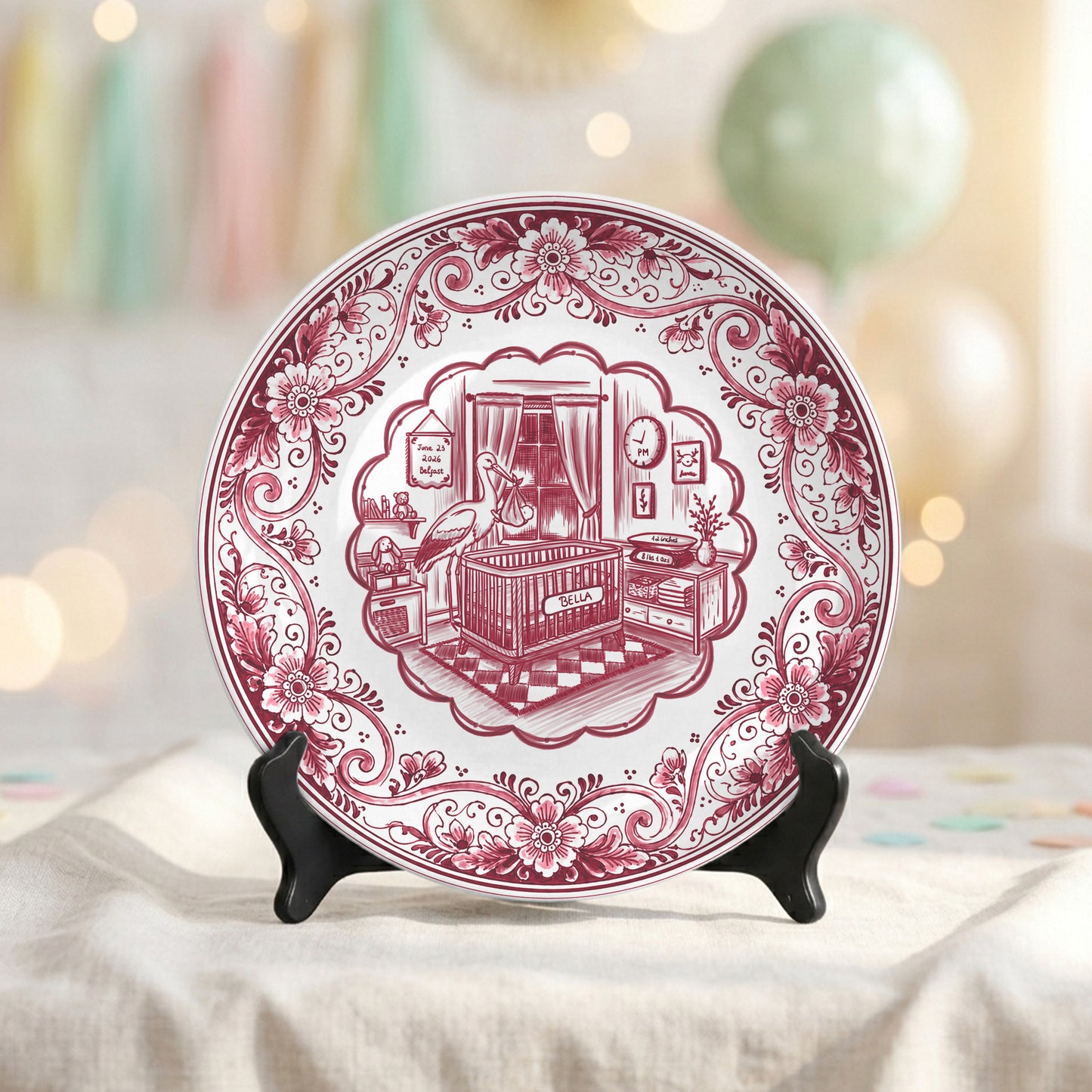 Pink Delft Newborn Birth Announcement Custom Ceramic Personalized Birthday Plate P820NIX0