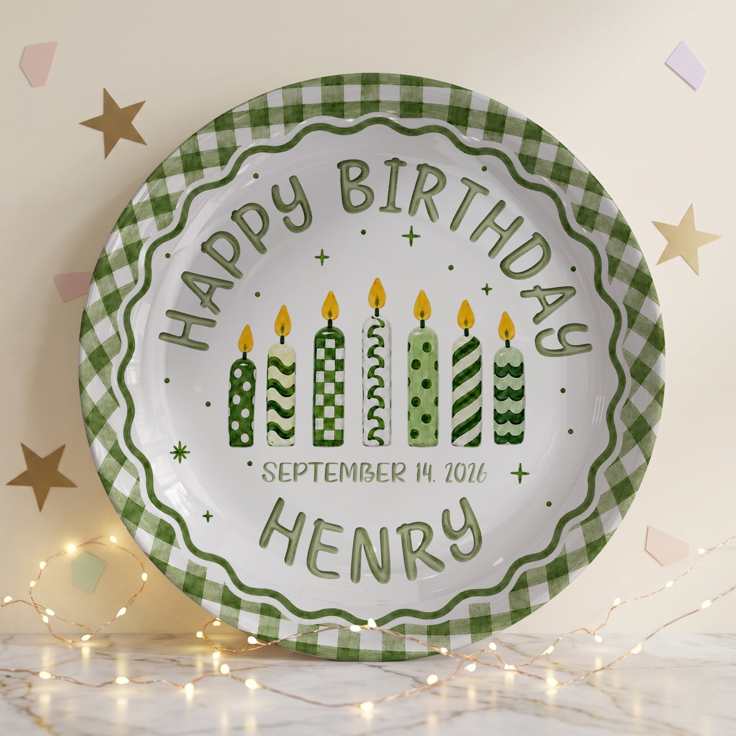 Green Gingham Birthday Candles Keepsake Personalized Birthday Plate for Kids P72333Z0