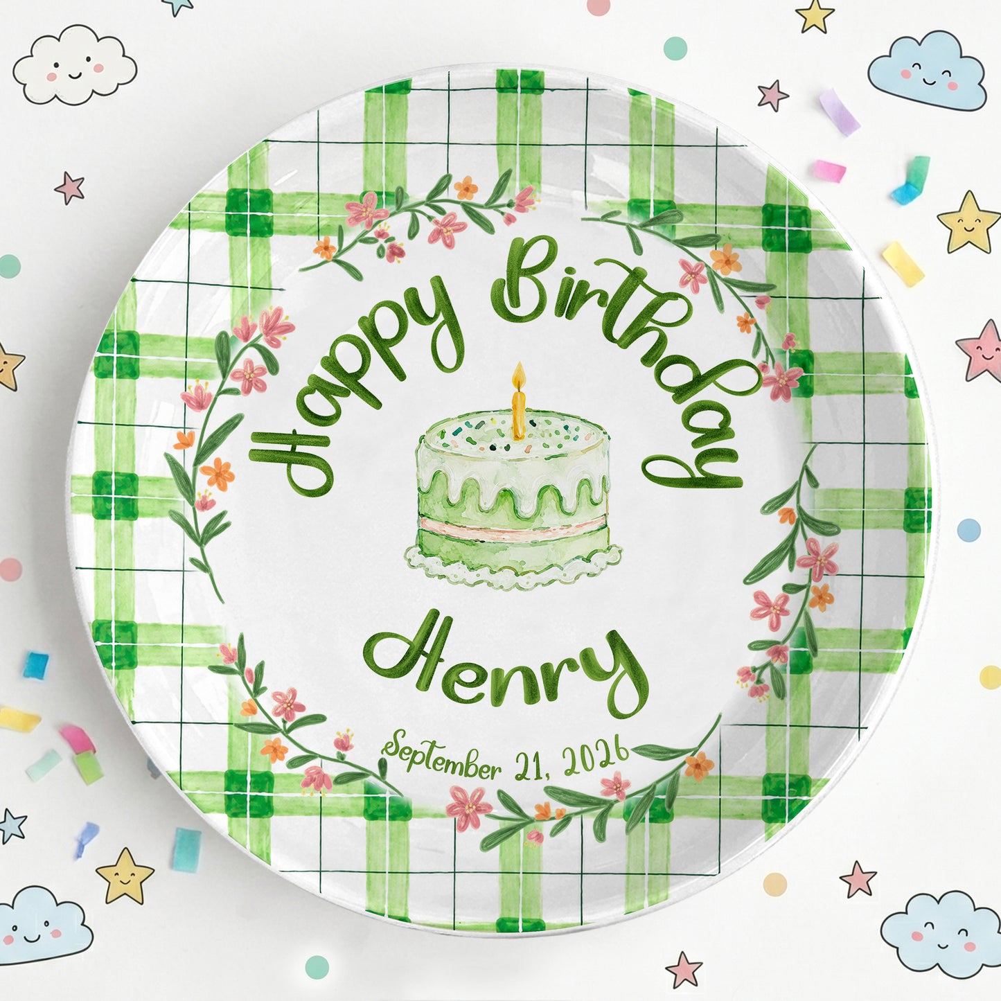 Green Gingham Daisy Birthday Keepsake Personalized Birthday Plate P627TBG0