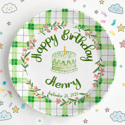 Green Gingham Daisy Birthday Keepsake Personalized Birthday Plate P627TBG0