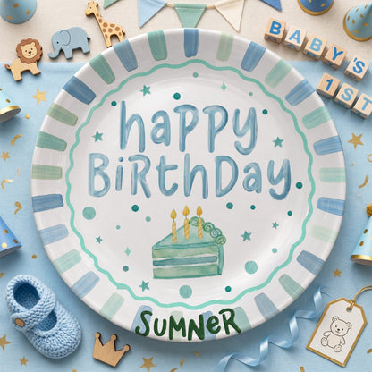 Blue and Mint Striped Border with Teal Cake Slice Personalized Birthday Plate D43D5V0