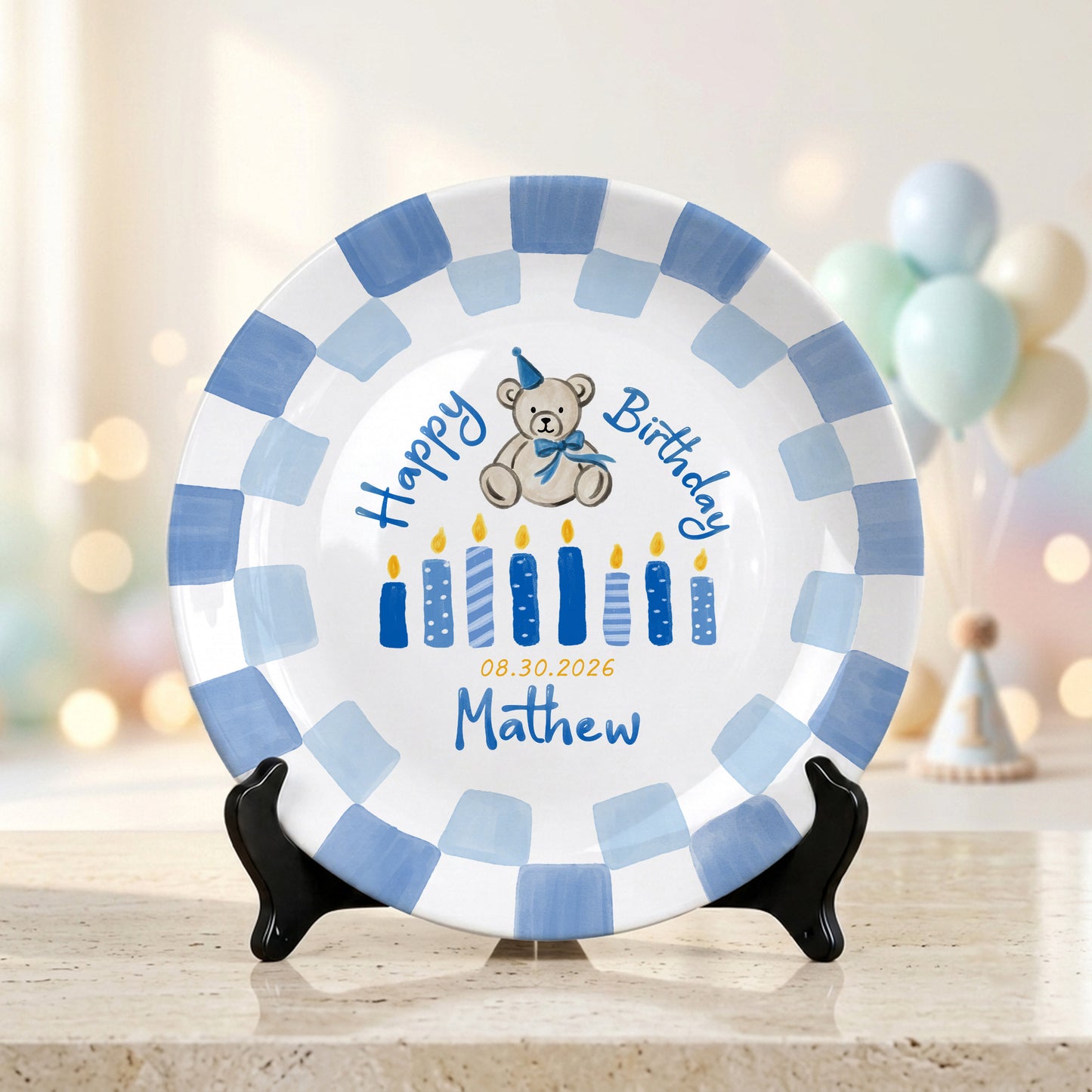 Blue Teddy Bear Birthday Cake Keepsake Personalized Birthday Plate For Kids Gift P713IUP0