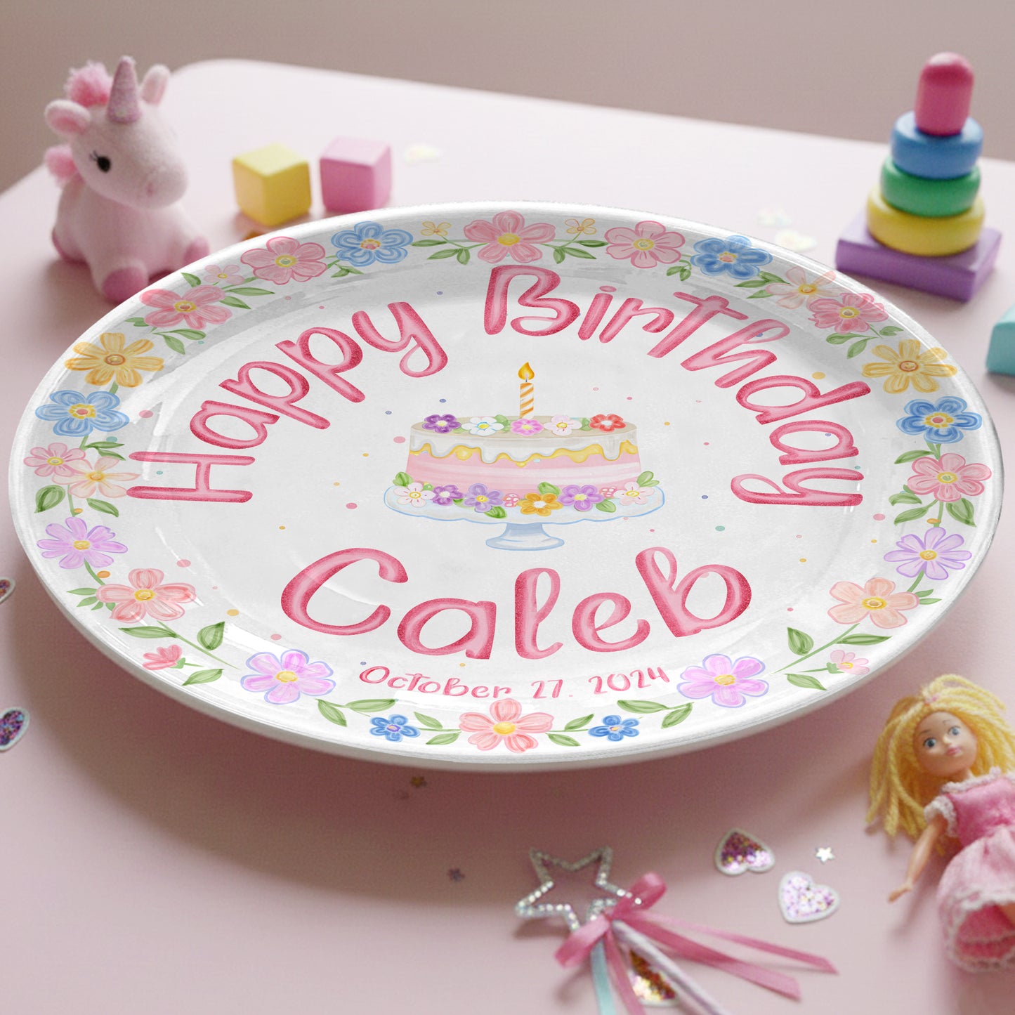 Pastel Floral Birthday Cake Personalized Birthday Plate P32GVK0