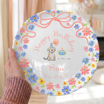 Pink Bow with Pastel Floral Border and Birthday Puppy Personalized Birthday Plate P522HZQ0