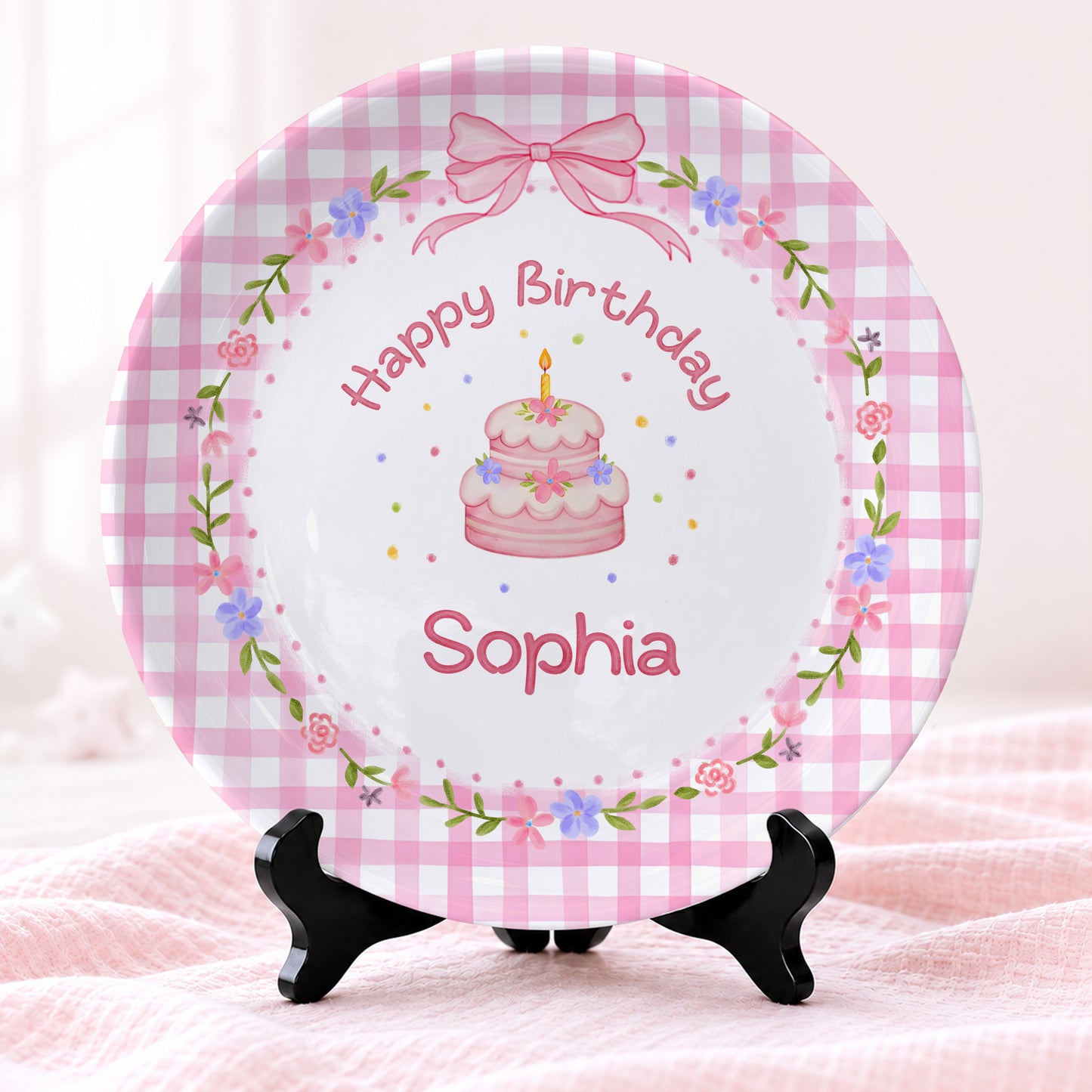 Pink Gingham Floral Personalized Birthday Plate P61O7V0
